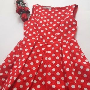 Red polka dot linen dress for women